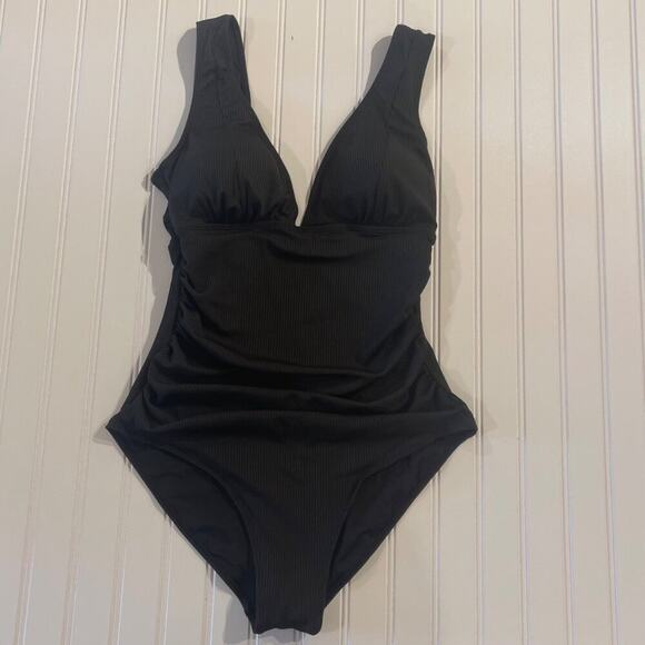 Eomenie Womens One Piece Swimsuit Large Black Ribbed V Neck Tummy Control - Picture 4 of 7